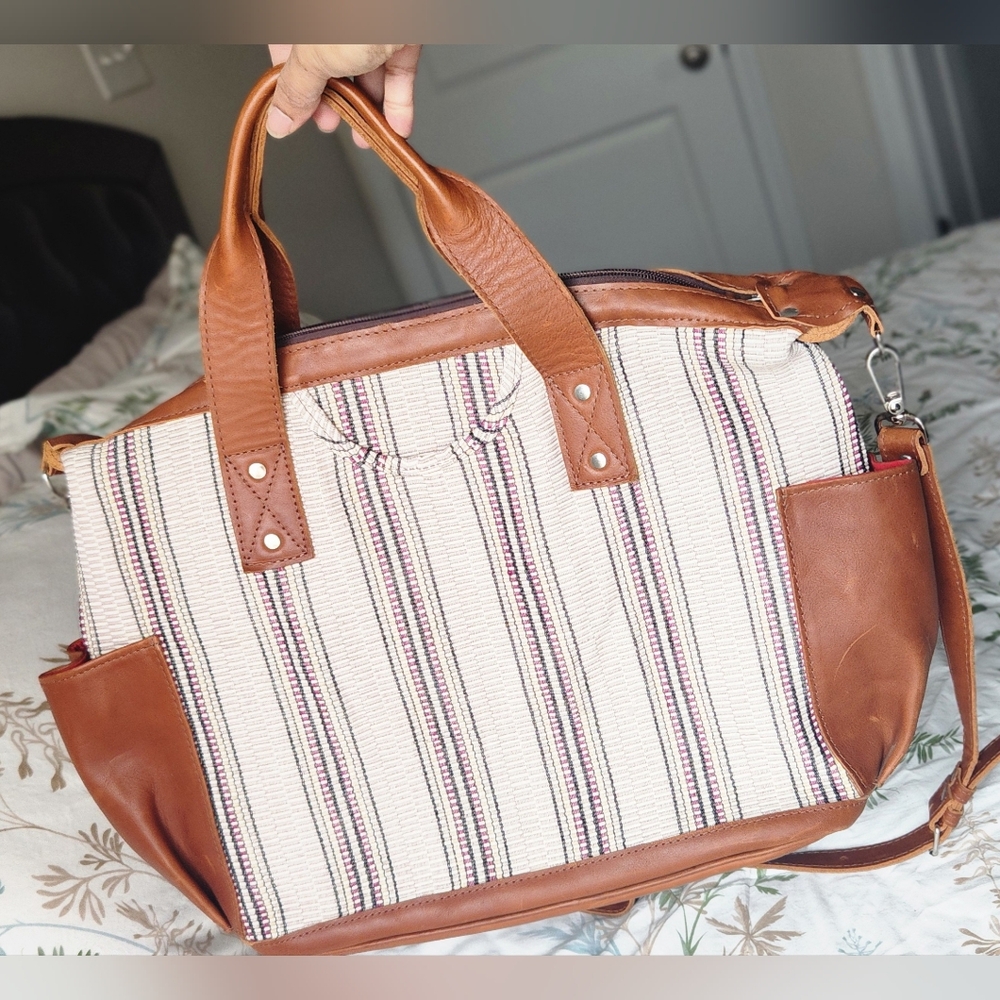 Brown and Cream Travel Bag with Leather Accents